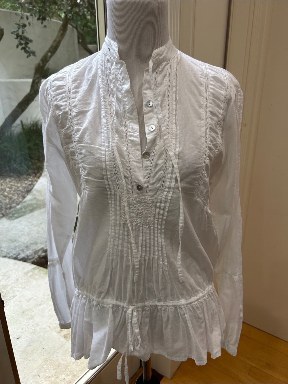 Zara White Pintuck Peasant Blouse with Drawstring Hem